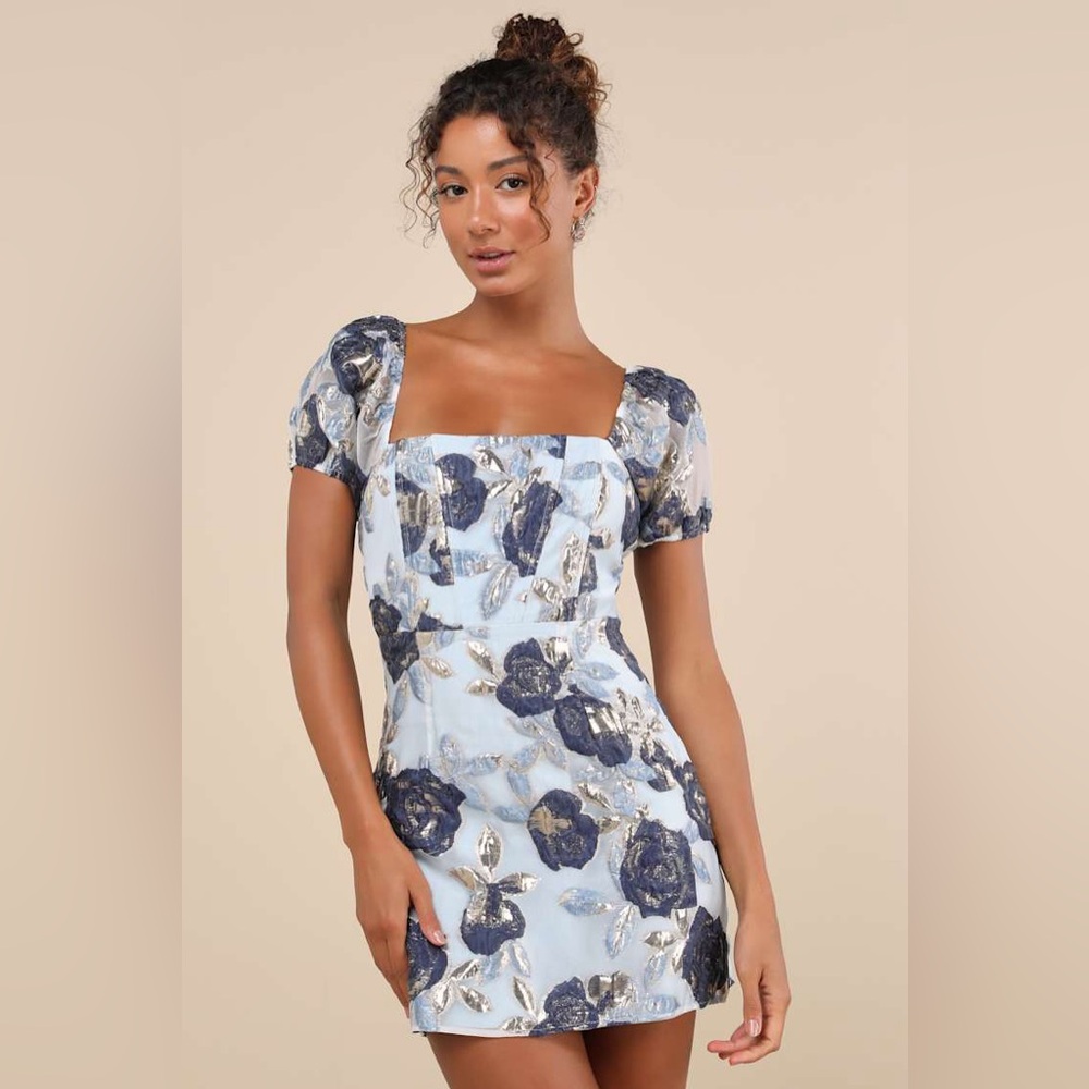 Lulu's Blue and Gold Floral Mini Dress